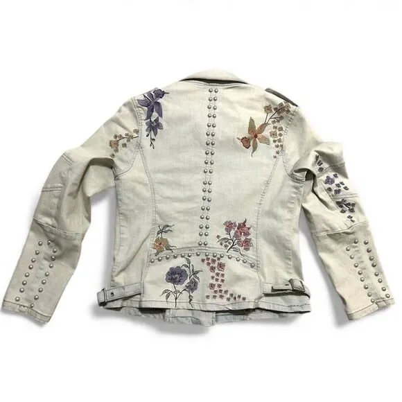 Women's Denim Jacket Size M Biker Embroidered Floral Y2K Boho Grunge Cowgirl VTG